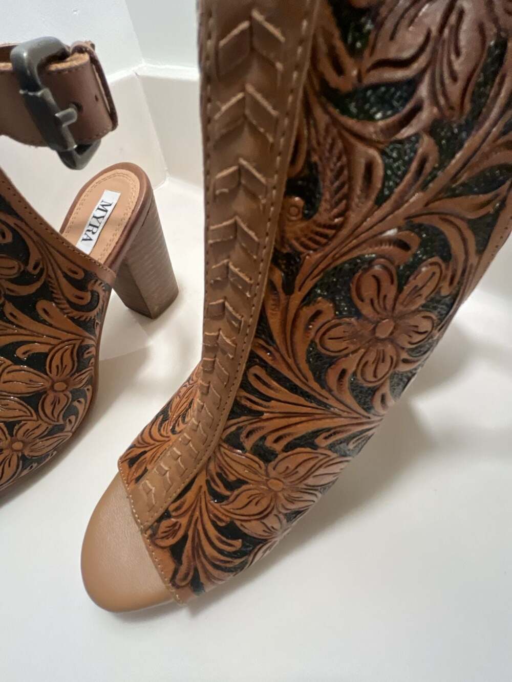 Myra Bag Dodge Town Hand-Tooled Leather Open Toe Heels - Picture 15 of 15